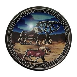 African Lion Safari Decorative Plate EUC Boho Tribal Home Decor Art